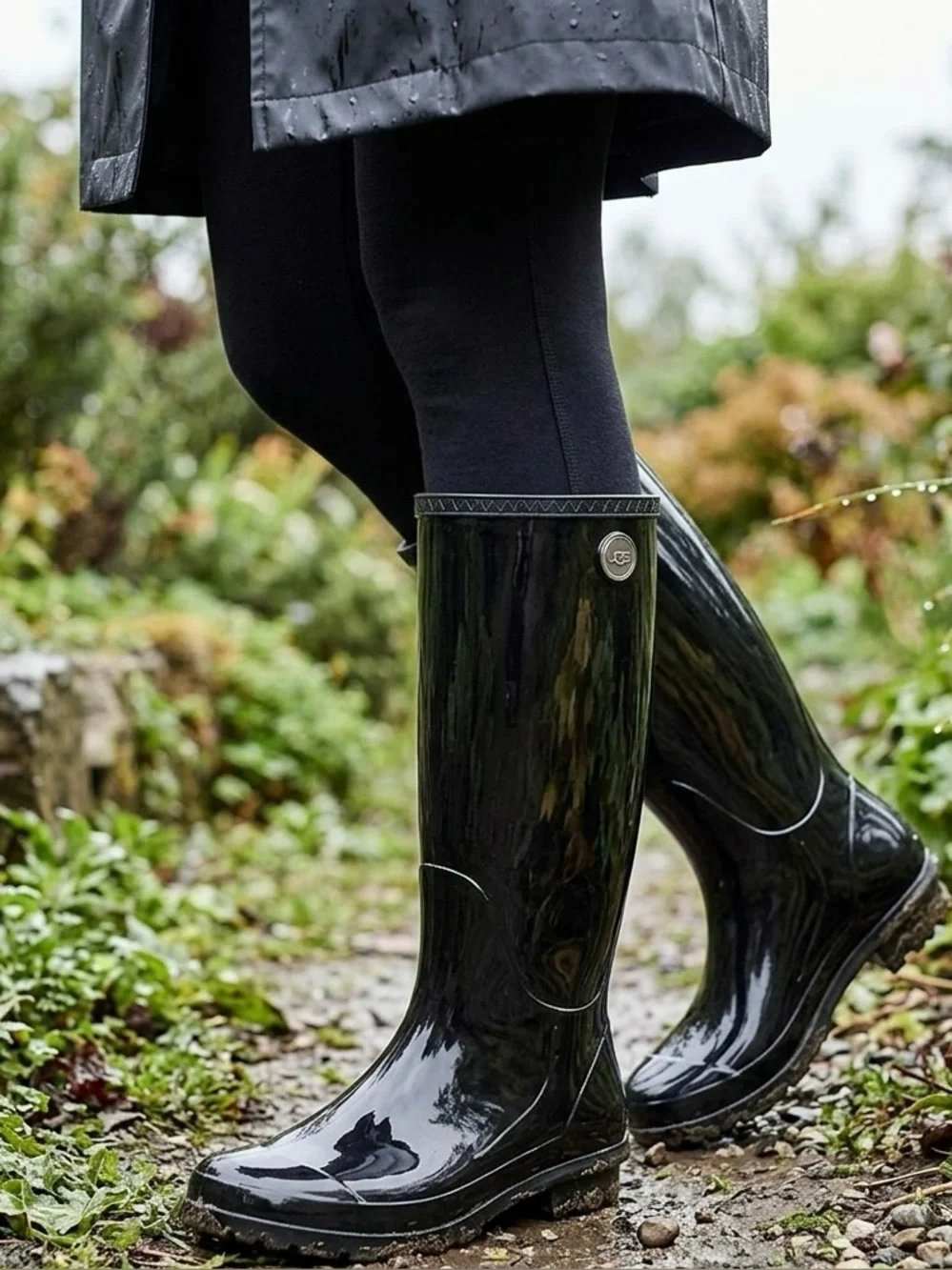 UGG AUS Shaye Glossy Black Tall Rain Boots Sheepskin Fur Lined Waterproof Spring